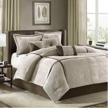 Cozy Comforter Set Casual Blocks Design All Season, Matching Bed Skirt, Decorative Pillows, King (104 in x 92 in), Dallas Taupe/Brown, 7 Piece