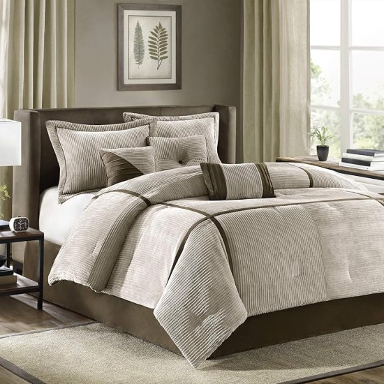 Cozy Comforter Set Casual Blocks Design All Season, Matching Bed Skirt, Decorative Pillows, King (104 in x 92 in), Dallas Taupe/Brown, 7 Piece