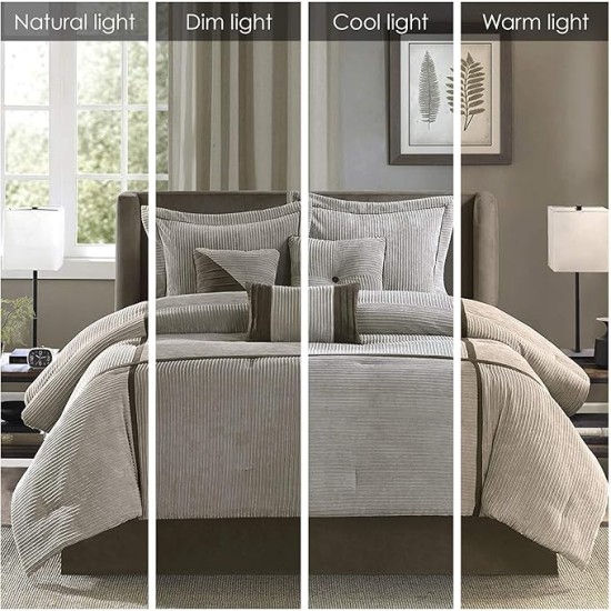 Cozy Comforter Set Casual Blocks Design All Season, Matching Bed Skirt, Decorative Pillows, King (104 in x 92 in), Dallas Taupe/Brown, 7 Piece