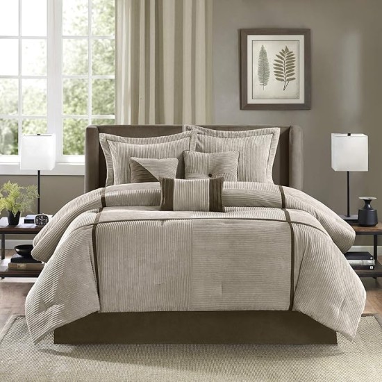 Cozy Comforter Set Casual Blocks Design All Season, Matching Bed Skirt, Decorative Pillows, King (104 in x 92 in), Dallas Taupe/Brown, 7 Piece