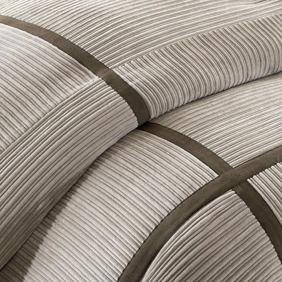 Cozy Comforter Set Casual Blocks Design All Season, Matching Bed Skirt, Decorative Pillows, King (104 in x 92 in), Dallas Taupe/Brown, 7 Piece