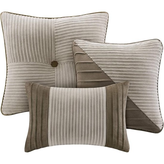 Cozy Comforter Set Casual Blocks Design All Season, Matching Bed Skirt, Decorative Pillows, King (104 in x 92 in), Dallas Taupe/Brown, 7 Piece