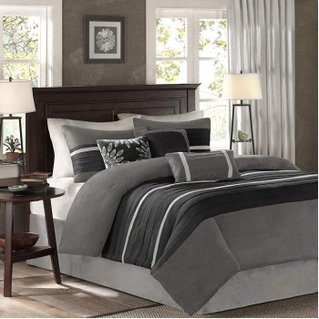 Palmer Comforter Set - Faux Suede Design, Striped Accent, All Season Down Alternative Bedding, Matching Shams, Decorative Pillow, Bed Skirt, Queen (90 in x 90 in), Black 7 Piece