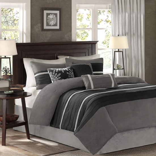 Palmer Comforter Set - Faux Suede Design, Striped Accent, All Season Down Alternative Bedding, Matching Shams, Decorative Pillow, Bed Skirt, Queen (90 in x 90 in), Black 7 Piece