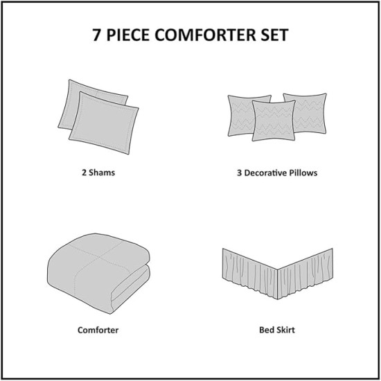 Palmer Comforter Set - Faux Suede Design, Striped Accent, All Season Down Alternative Bedding, Matching Shams, Decorative Pillow, Bed Skirt, Queen (90 in x 90 in), Black 7 Piece