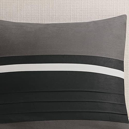Palmer Comforter Set - Faux Suede Design, Striped Accent, All Season Down Alternative Bedding, Matching Shams, Decorative Pillow, Bed Skirt, Queen (90 in x 90 in), Black 7 Piece