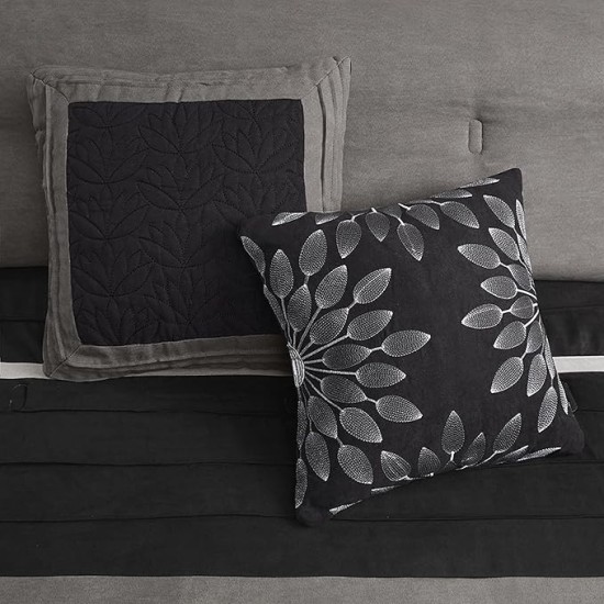 Palmer Comforter Set - Faux Suede Design, Striped Accent, All Season Down Alternative Bedding, Matching Shams, Decorative Pillow, Bed Skirt, Queen (90 in x 90 in), Black 7 Piece