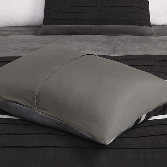 Palmer Comforter Set - Faux Suede Design, Striped Accent, All Season Down Alternative Bedding, Matching Shams, Decorative Pillow, Bed Skirt, Queen (90 in x 90 in), Black 7 Piece