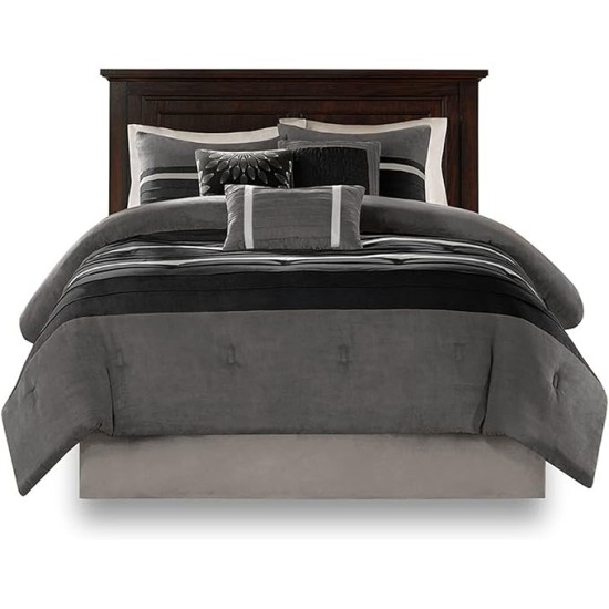 Palmer Comforter Set - Faux Suede Design, Striped Accent, All Season Down Alternative Bedding, Matching Shams, Decorative Pillow, Bed Skirt, Queen (90 in x 90 in), Black 7 Piece