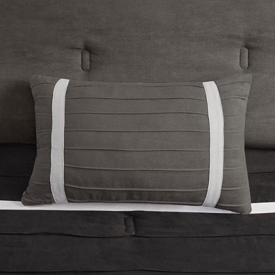 Palmer Comforter Set - Faux Suede Design, Striped Accent, All Season Down Alternative Bedding, Matching Shams, Decorative Pillow, Bed Skirt, Queen (90 in x 90 in), Black 7 Piece