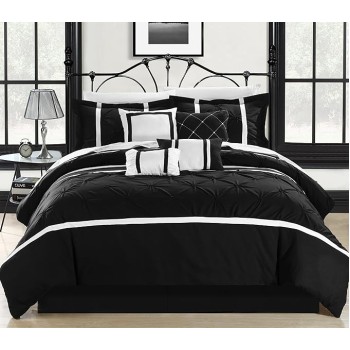 Black Bed in a Bag Comforter Set, Queen Size (8 Piece), Vermont - Pinch Pleat Microfiber Bedding - Comforter, Shams, Bed Skirt, Cushions and Breakfast Pillow