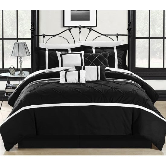 Black Bed in a Bag Comforter Set, Queen Size (8 Piece), Vermont - Pinch Pleat Microfiber Bedding - Comforter, Shams, Bed Skirt, Cushions and Breakfast Pillow