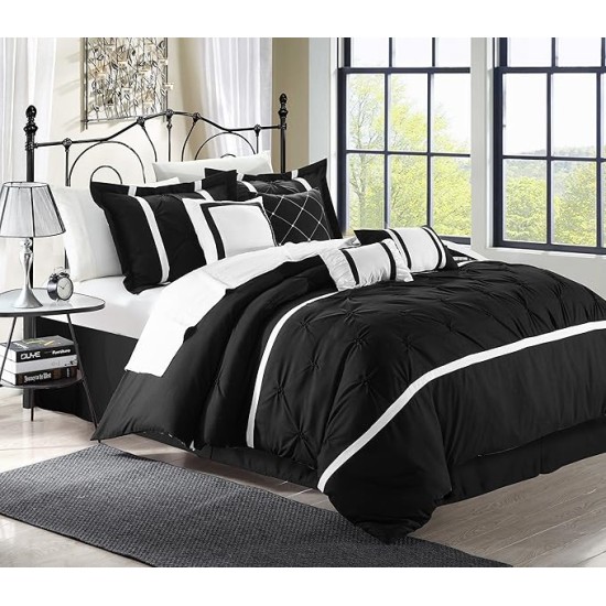 Black Bed in a Bag Comforter Set, Queen Size (8 Piece), Vermont - Pinch Pleat Microfiber Bedding - Comforter, Shams, Bed Skirt, Cushions and Breakfast Pillow