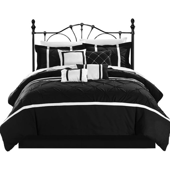 Black Bed in a Bag Comforter Set, Queen Size (8 Piece), Vermont - Pinch Pleat Microfiber Bedding - Comforter, Shams, Bed Skirt, Cushions and Breakfast Pillow