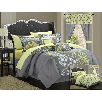 Olivia 20-Piece Comforter Reversible Paisley Print Complete Bed in a Bag with Sheet Set, Window Treatments, and Decorative Pillows, King, Grey