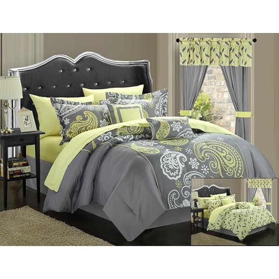 Olivia 20-Piece Comforter Reversible Paisley Print Complete Bed in a Bag with Sheet Set, Window Treatments, and Decorative Pillows, King, Grey