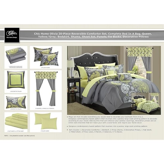 Olivia 20-Piece Comforter Reversible Paisley Print Complete Bed in a Bag with Sheet Set, Window Treatments, and Decorative Pillows, King, Grey