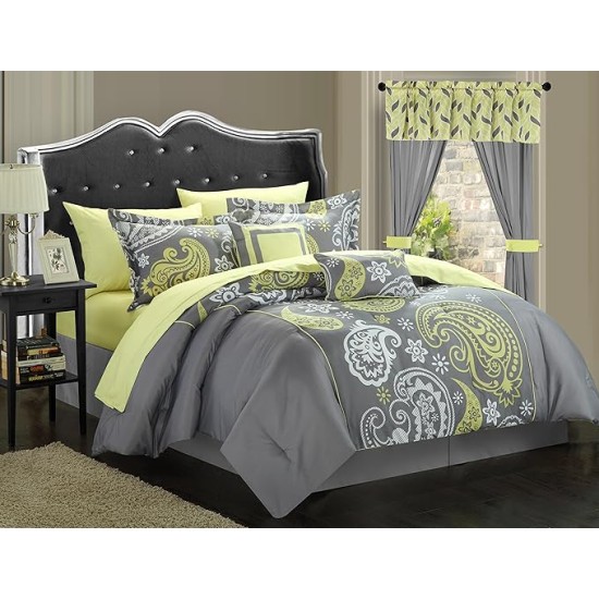 Olivia 20-Piece Comforter Reversible Paisley Print Complete Bed in a Bag with Sheet Set, Window Treatments, and Decorative Pillows, King, Grey