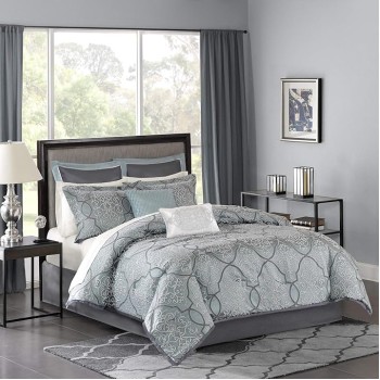 Lavine Cozy Bed in a Bag Comforter Set, Traditional Luxe Jacquard Design All Season Down Alternative Bedding with Cotton Bed Sheets, Bed Skirt & Pillows, Queen Blue 12 Piece