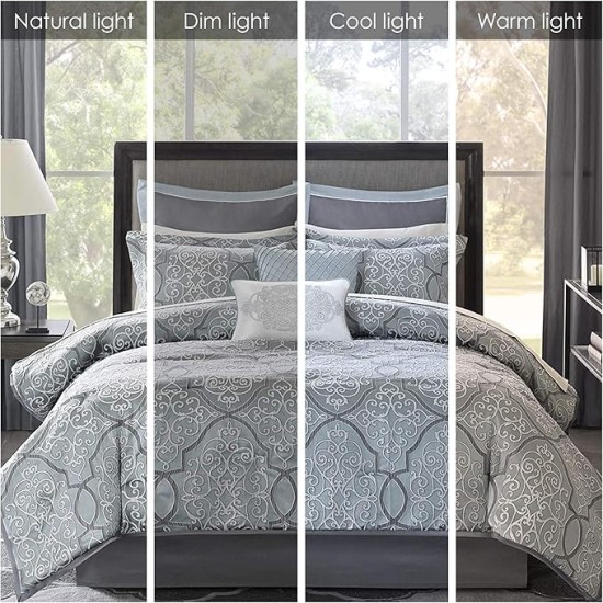 Lavine Cozy Bed in a Bag Comforter Set, Traditional Luxe Jacquard Design All Season Down Alternative Bedding with Cotton Bed Sheets, Bed Skirt & Pillows, Queen Blue 12 Piece