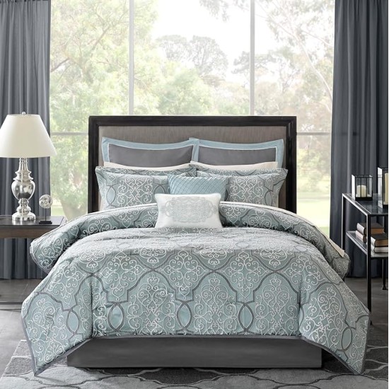 Lavine Cozy Bed in a Bag Comforter Set, Traditional Luxe Jacquard Design All Season Down Alternative Bedding with Cotton Bed Sheets, Bed Skirt & Pillows, Queen Blue 12 Piece