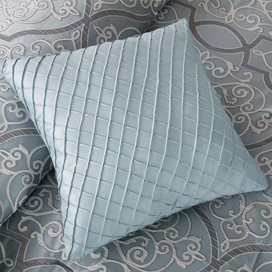 Lavine Cozy Bed in a Bag Comforter Set, Traditional Luxe Jacquard Design All Season Down Alternative Bedding with Cotton Bed Sheets, Bed Skirt & Pillows, Queen Blue 12 Piece