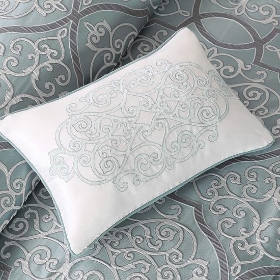 Lavine Cozy Bed in a Bag Comforter Set, Traditional Luxe Jacquard Design All Season Down Alternative Bedding with Cotton Bed Sheets, Bed Skirt & Pillows, Queen Blue 12 Piece