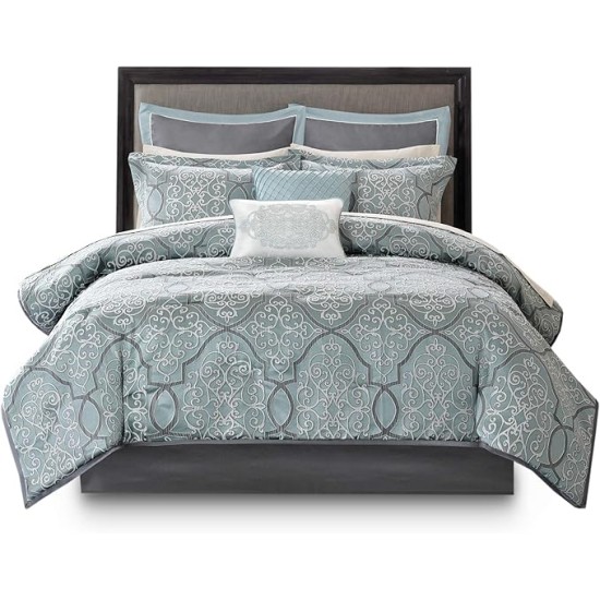 Lavine Cozy Bed in a Bag Comforter Set, Traditional Luxe Jacquard Design All Season Down Alternative Bedding with Cotton Bed Sheets, Bed Skirt & Pillows, Queen Blue 12 Piece