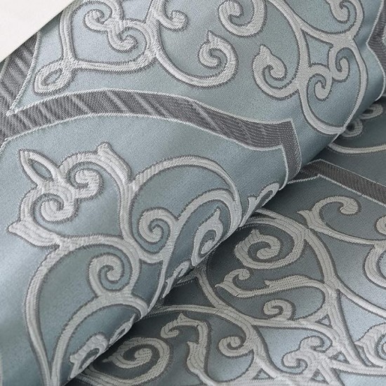 Lavine Cozy Bed in a Bag Comforter Set, Traditional Luxe Jacquard Design All Season Down Alternative Bedding with Cotton Bed Sheets, Bed Skirt & Pillows, Queen Blue 12 Piece