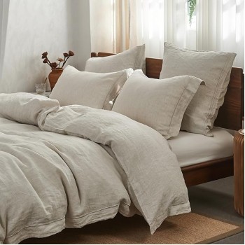 100% Washed Linen Duvet Cover Set with Embroidered,King Size(104"x92"),3 Pieces Soft Farmhouse Comforter Set with Button Closure,1 Duvet Cover and 2 Pillowshams(King,Natural Linen)