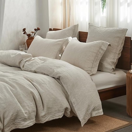 100% Washed Linen Duvet Cover Set with Embroidered,King Size(104"x92"),3 Pieces Soft Farmhouse Comforter Set with Button Closure,1 Duvet Cover and 2 Pillowshams(King,Natural Linen)