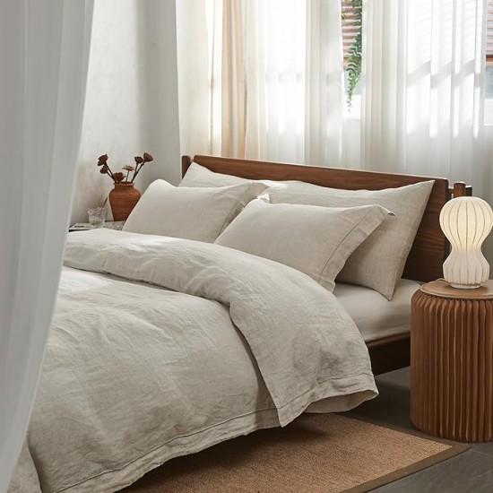 100% Washed Linen Duvet Cover Set with Embroidered,King Size(104"x92"),3 Pieces Soft Farmhouse Comforter Set with Button Closure,1 Duvet Cover and 2 Pillowshams(King,Natural Linen)