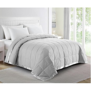 Blankets Queen Size - Soft Lightweight Down Blanket for All Seasons, Cozy Warm Luxury Bed Blanket with Satin Trim, Cotton Cover, Light Grey (90"X90")