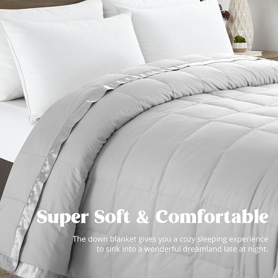 Blankets Queen Size - Soft Lightweight Down Blanket for All Seasons, Cozy Warm Luxury Bed Blanket with Satin Trim, Cotton Cover, Light Grey (90"X90")
