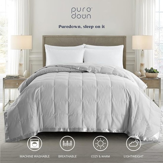 Blankets Queen Size - Soft Lightweight Down Blanket for All Seasons, Cozy Warm Luxury Bed Blanket with Satin Trim, Cotton Cover, Light Grey (90"X90")