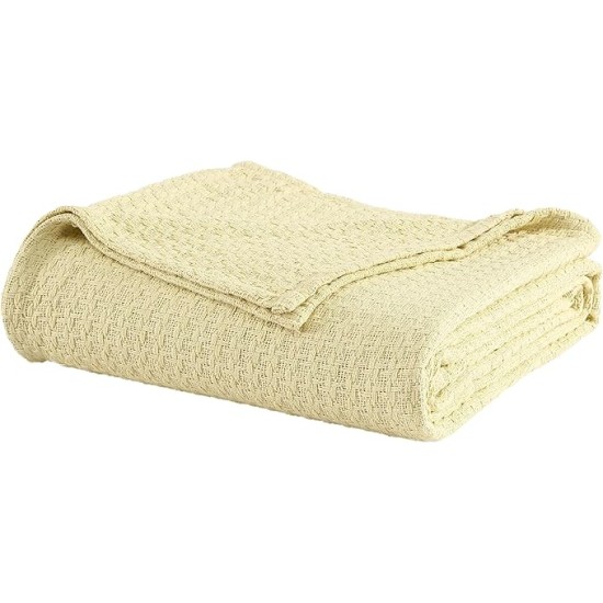Grand Hotel Lightweight All-Natural 100% Cotton Waffle Weave Blanket, Twin, Lemon