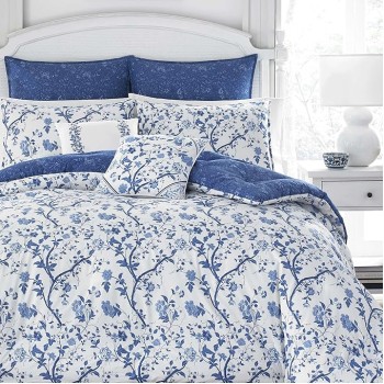 King Comforter Set, Reversible Cotton Bedding, Includes Matching Shams with Bonus Euro Shams & Throw Pills (Elise Blue, King)