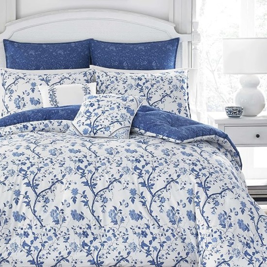 King Comforter Set, Reversible Cotton Bedding, Includes Matching Shams with Bonus Euro Shams & Throw Pills (Elise Blue, King)