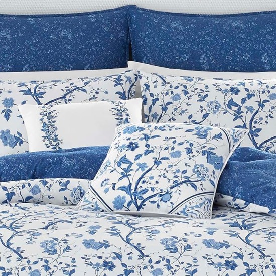 King Comforter Set, Reversible Cotton Bedding, Includes Matching Shams with Bonus Euro Shams & Throw Pills (Elise Blue, King)
