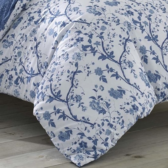 King Comforter Set, Reversible Cotton Bedding, Includes Matching Shams with Bonus Euro Shams & Throw Pills (Elise Blue, King)