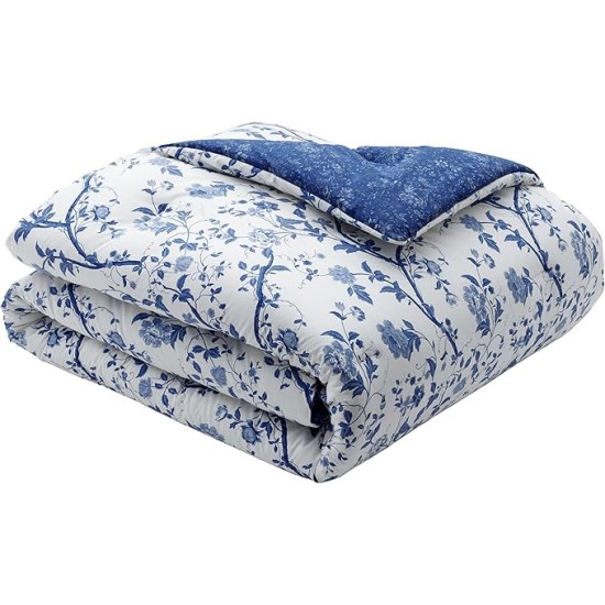 King Comforter Set, Reversible Cotton Bedding, Includes Matching Shams with Bonus Euro Shams & Throw Pills (Elise Blue, King)