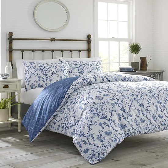 King Comforter Set, Reversible Cotton Bedding, Includes Matching Shams with Bonus Euro Shams & Throw Pills (Elise Blue, King)