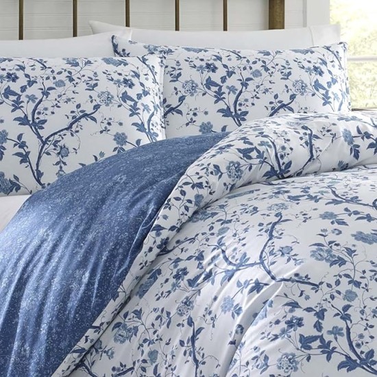 King Comforter Set, Reversible Cotton Bedding, Includes Matching Shams with Bonus Euro Shams & Throw Pills (Elise Blue, King)