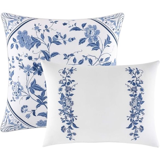 King Comforter Set, Reversible Cotton Bedding, Includes Matching Shams with Bonus Euro Shams & Throw Pills (Elise Blue, King)