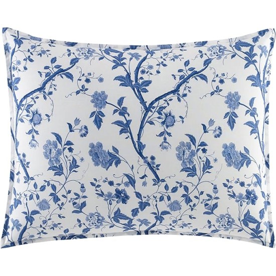 King Comforter Set, Reversible Cotton Bedding, Includes Matching Shams with Bonus Euro Shams & Throw Pills (Elise Blue, King)