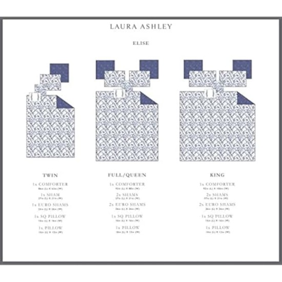 King Comforter Set, Reversible Cotton Bedding, Includes Matching Shams with Bonus Euro Shams & Throw Pills (Elise Blue, King)