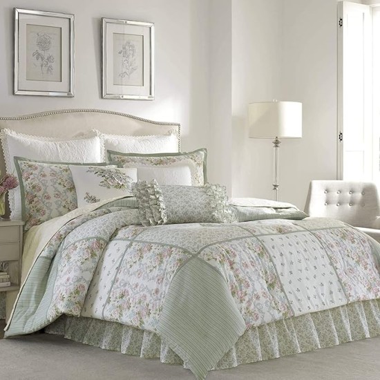 - Queen Comforter Set, Reversible Cotton Bedding with Matching Shams & Bedskirt, Stylish Home Decor for All Seasons (Harper Sage, Queen)