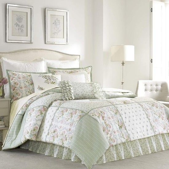 - Queen Comforter Set, Reversible Cotton Bedding with Matching Shams & Bedskirt, Stylish Home Decor for All Seasons (Harper Sage, Queen)