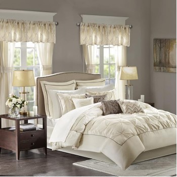 Essentials Room in a Bag Faux Silk Comforter Set - Luxe Diamond Tufting All Season Bedding, Matching Curtains, Decorative Pillows, Ivory King(104"x92") 24 Piece