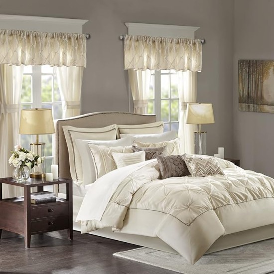Essentials Room in a Bag Faux Silk Comforter Set - Luxe Diamond Tufting All Season Bedding, Matching Curtains, Decorative Pillows, Ivory King(104"x92") 24 Piece